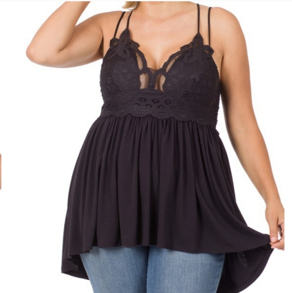 Plus Size Black Crochet Lace Flowing Cami Tunic Top with criss cross straps